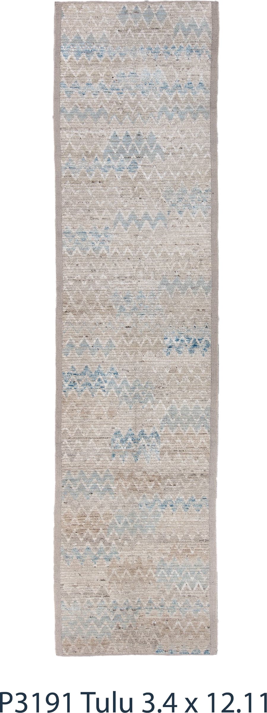 3' x 13' one-of-a-kind handmade vintage Tulu runner rug. Color palette: taupe, ivory, pale blue, beige, cream, gray