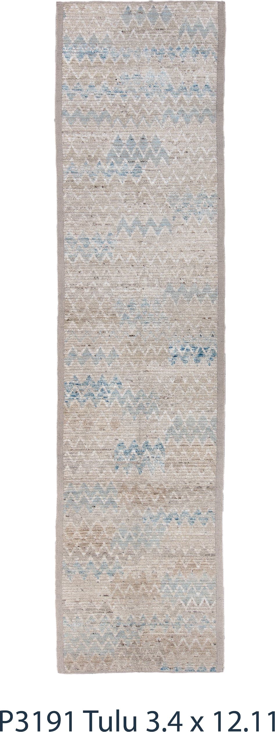 3' x 13' one-of-a-kind handmade vintage Tulu runner rug. Color palette: taupe, ivory, pale blue, beige, cream, gray