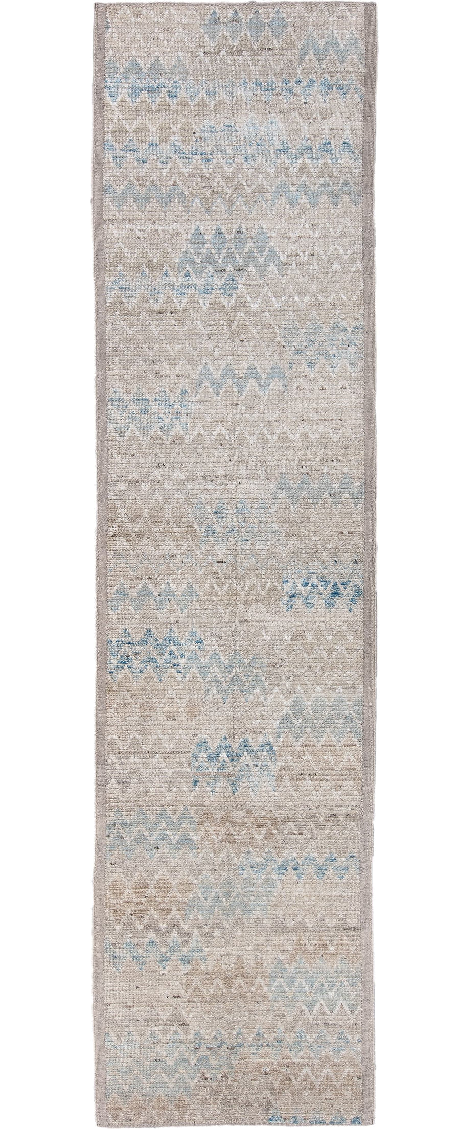3' x 13' one-of-a-kind handmade vintage Tulu runner rug. Color palette: taupe, ivory, pale blue, beige, cream, gray