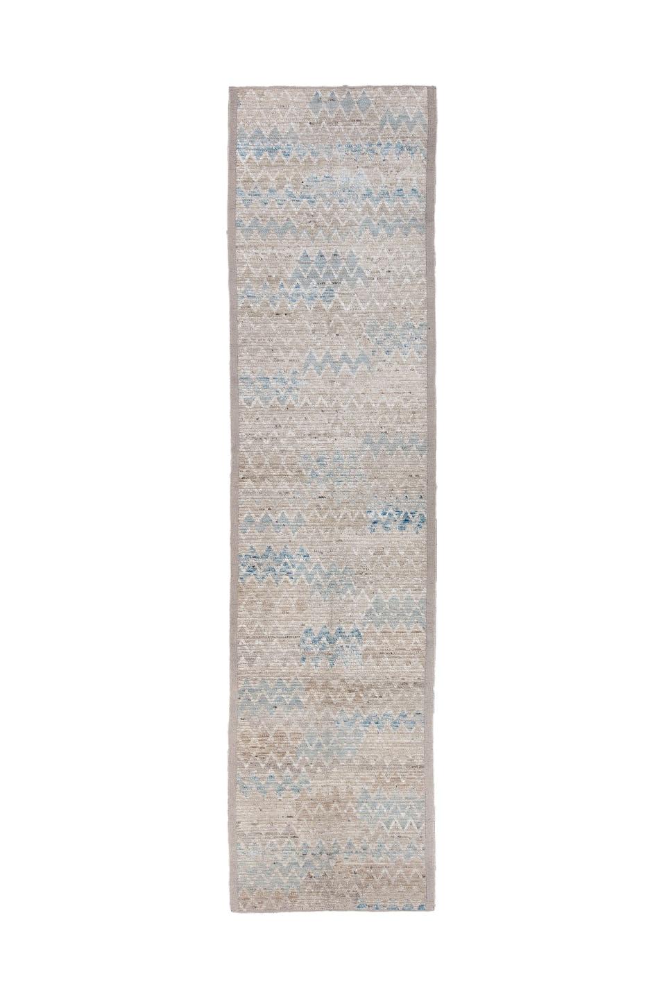 3' x 13' one-of-a-kind handmade vintage Tulu runner rug. Color palette: taupe, ivory, pale blue, beige, cream, gray