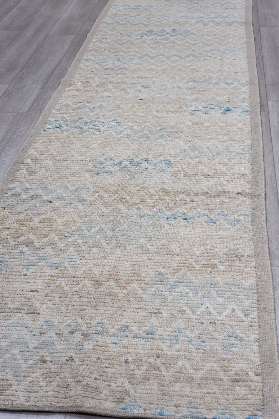 3' x 13' one-of-a-kind handmade vintage Tulu runner rug. Color palette: taupe, ivory, pale blue, beige, cream, gray