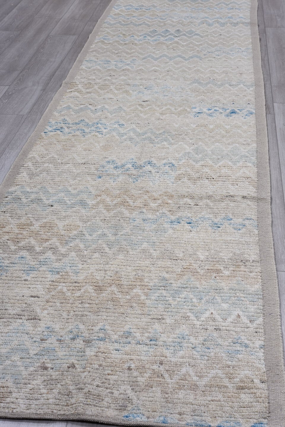 3' x 13' one-of-a-kind handmade vintage Tulu runner rug. Color palette: taupe, ivory, pale blue, beige, cream, gray