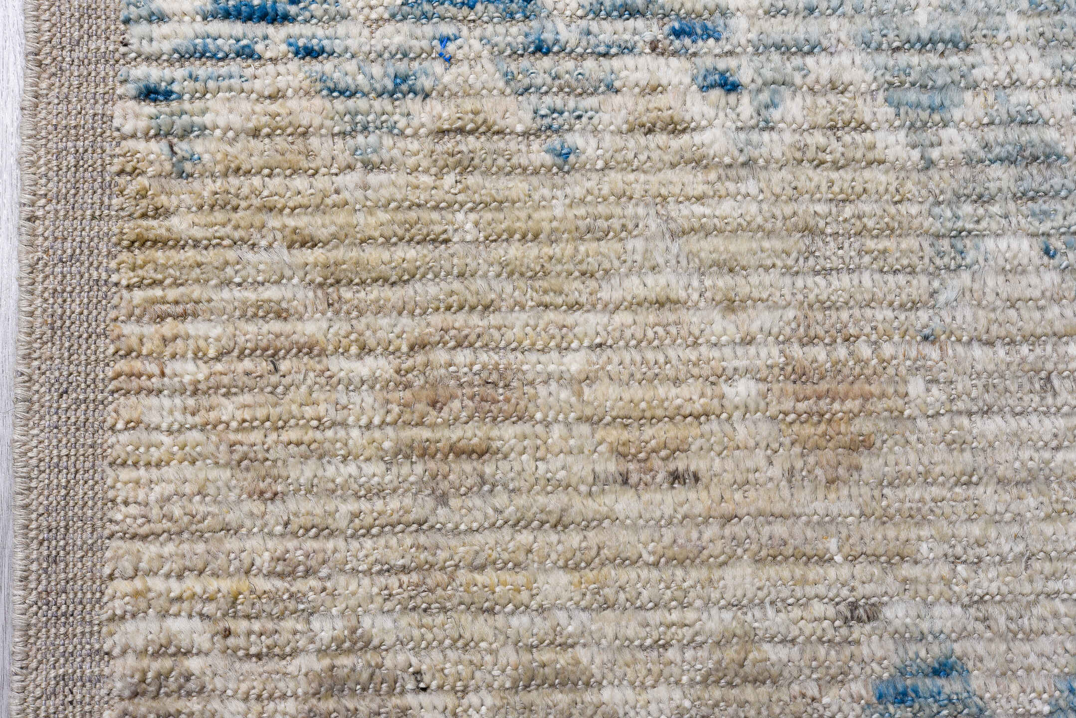 3' x 13' one-of-a-kind handmade vintage Tulu runner rug. Color palette: taupe, ivory, pale blue, beige, cream, gray