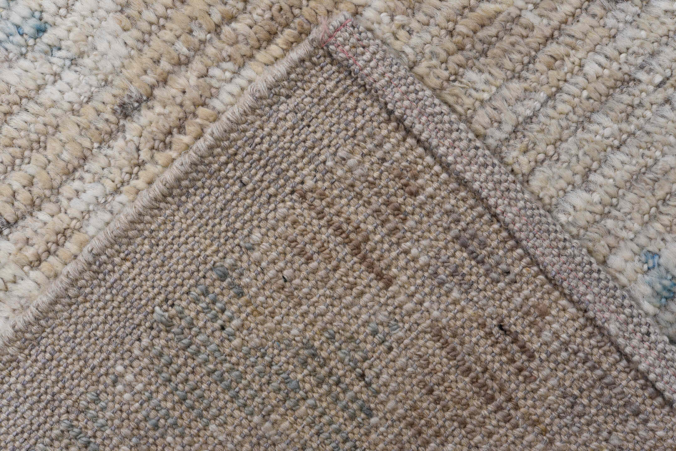 3' x 13' one-of-a-kind handmade vintage Tulu runner rug. Color palette: taupe, ivory, pale blue, beige, cream, gray