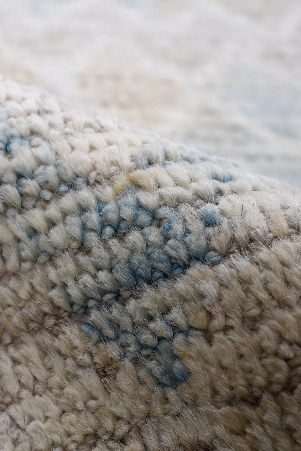 3' x 13' one-of-a-kind handmade vintage Tulu runner rug. Color palette: taupe, ivory, pale blue, beige, cream, gray