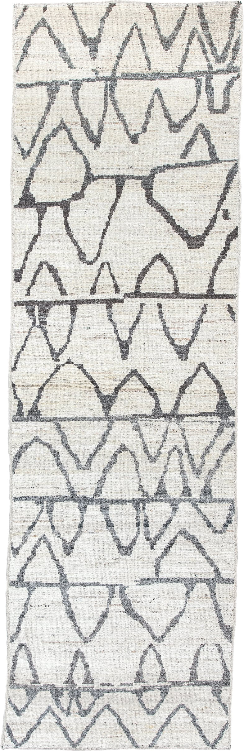 3' x 9' one-of-a-kind handmade vintage Tulu runner rug. Color palette: ivory, charcoal, gray, black
