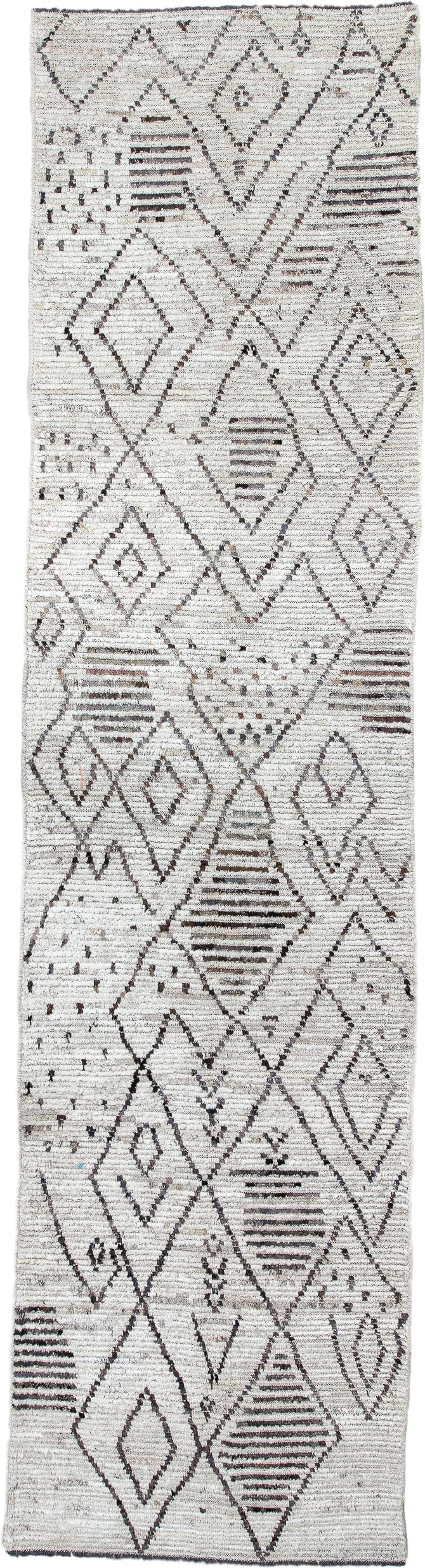 3' x 13' one-of-a-kind handmade vintage Tulu runner rug. Color palette: ivory, charcoal, taupe, brown, gray, black, beige