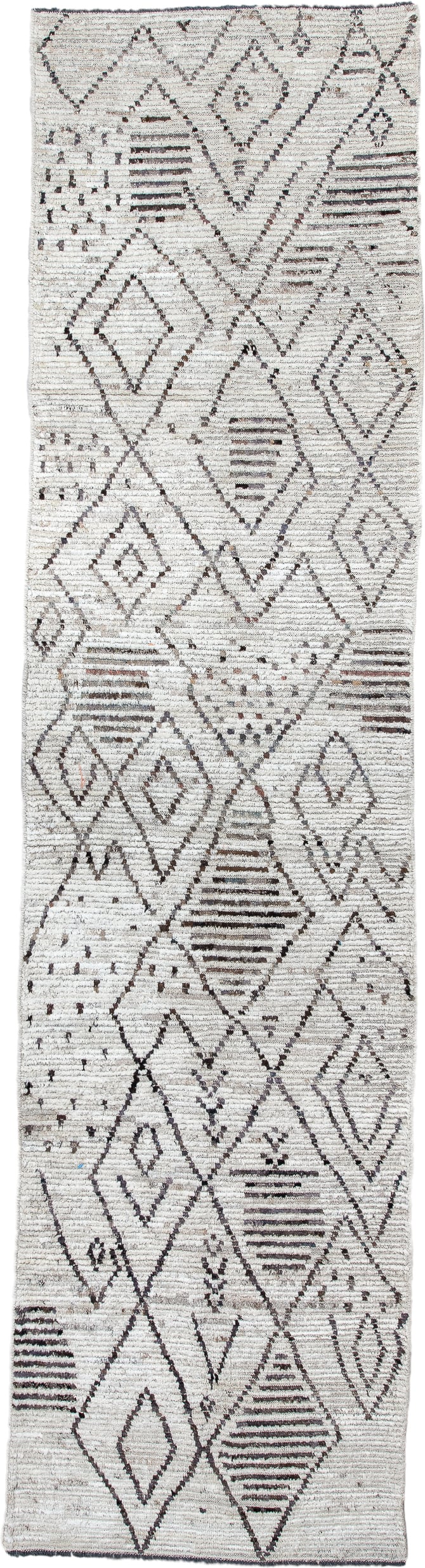 3' x 13' one-of-a-kind handmade vintage Tulu runner rug. Color palette: ivory, charcoal, taupe, brown, gray, black, beige