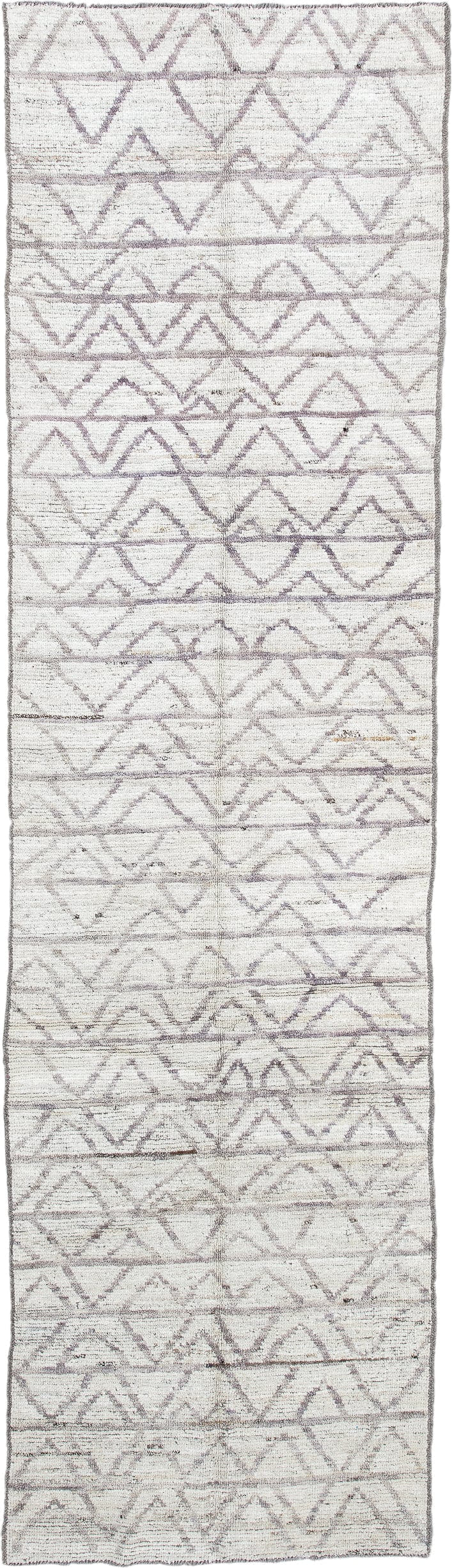 3' x 10' one-of-a-kind handmade vintage Tulu runner rug. Color palette: ivory, taupe, gray, cream, beige