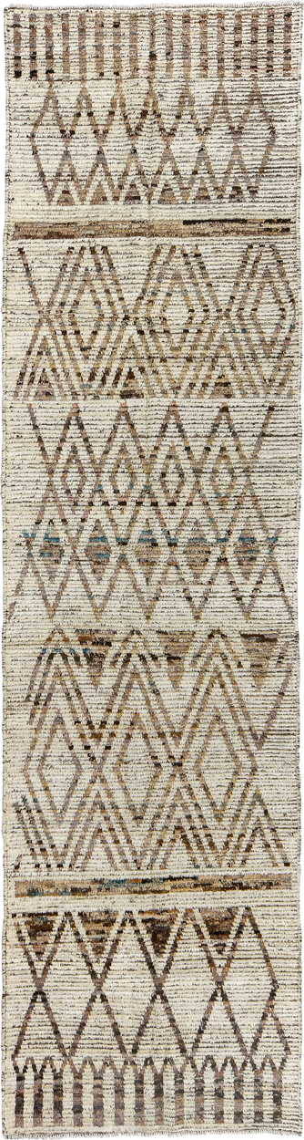 3' x 12' one-of-a-kind handmade vintage Tulu runner rug. Color palette: ivory, taupe, brown, charcoal, camel, faint teal
