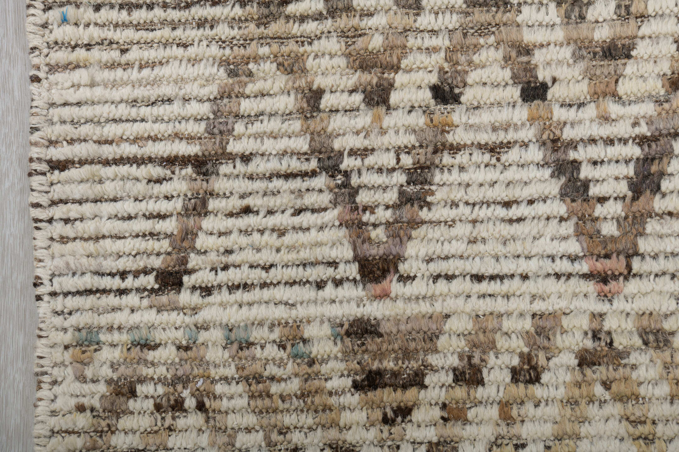 3' x 12' one-of-a-kind handmade vintage Tulu runner rug. Color palette: blue, brown, dark gray, gray, light gray, off-white