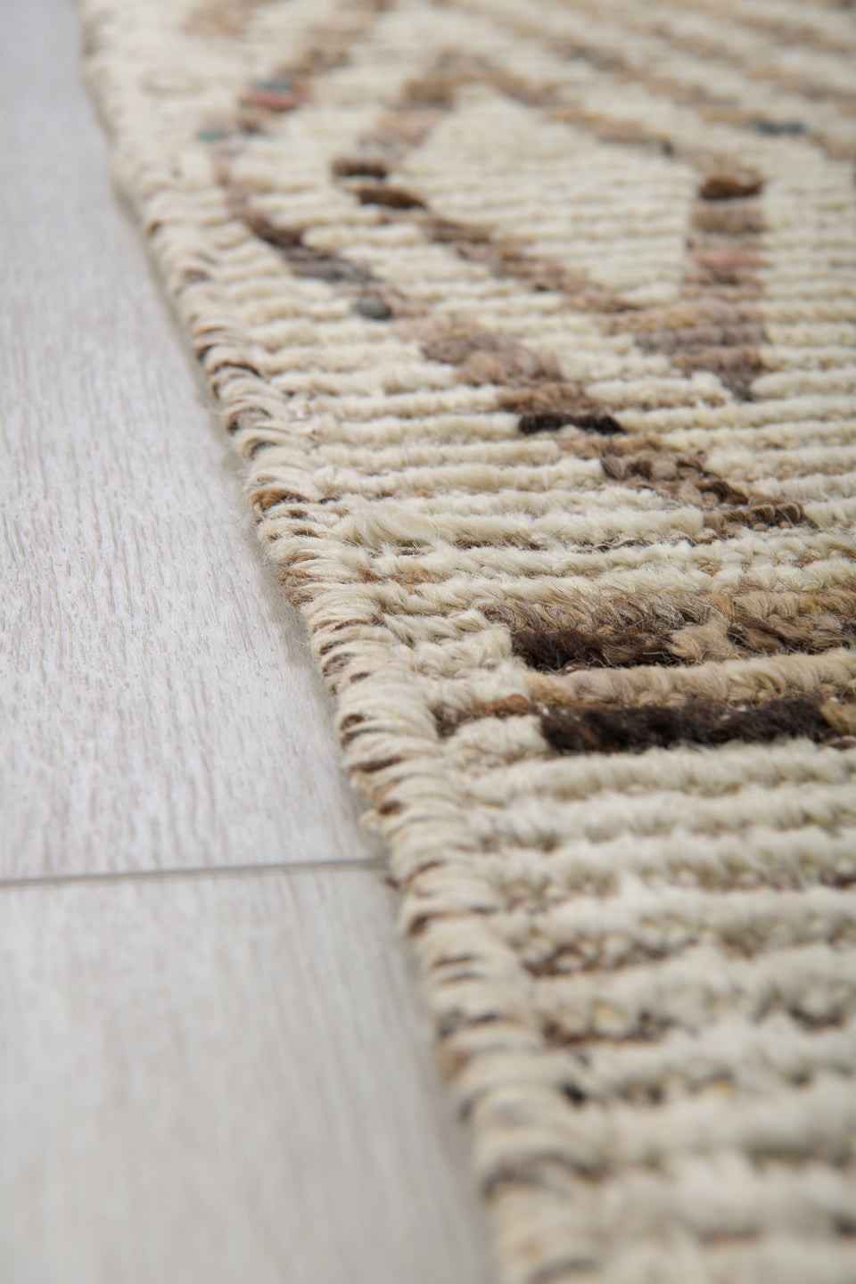 3' x 12' one-of-a-kind handmade vintage Tulu runner rug. Color palette: blue, brown, dark gray, gray, light gray, off-white