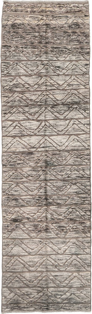 2' x 10' one-of-a-kind handmade vintage Tulu runner rug. Color palette: taupe, ivory, charcoal, gray, beige, black