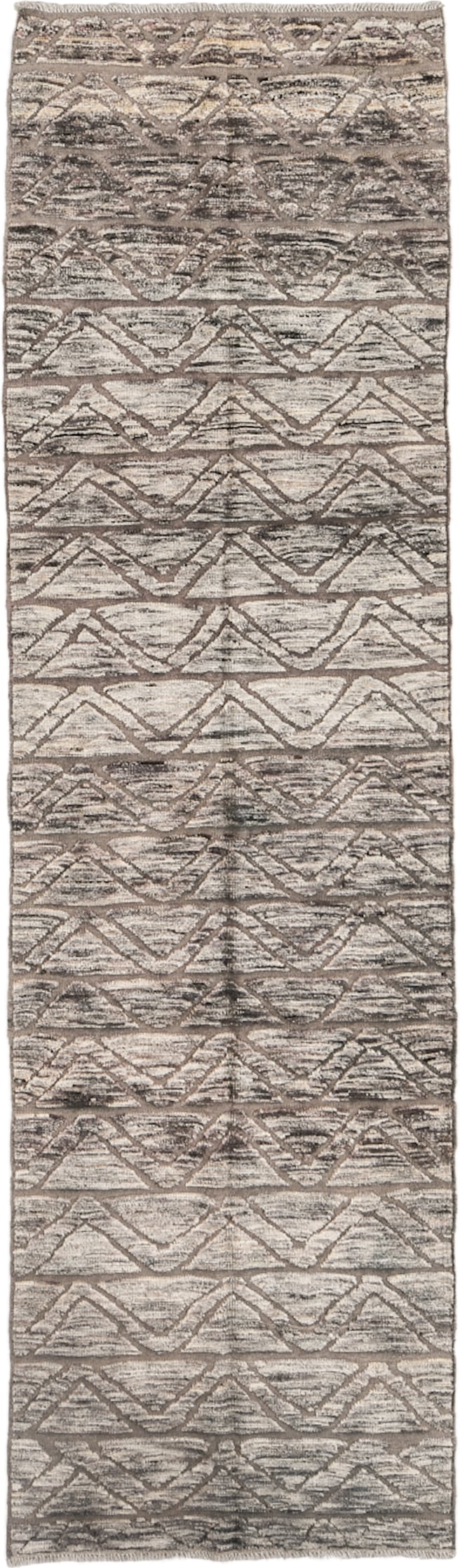 2' x 10' one-of-a-kind handmade vintage Tulu runner rug. Color palette: taupe, ivory, charcoal, gray, beige, black