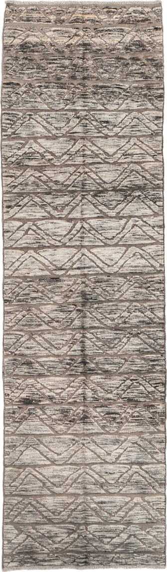 2' x 10' one-of-a-kind handmade vintage Tulu runner rug. Color palette: taupe, ivory, charcoal, gray, beige, black