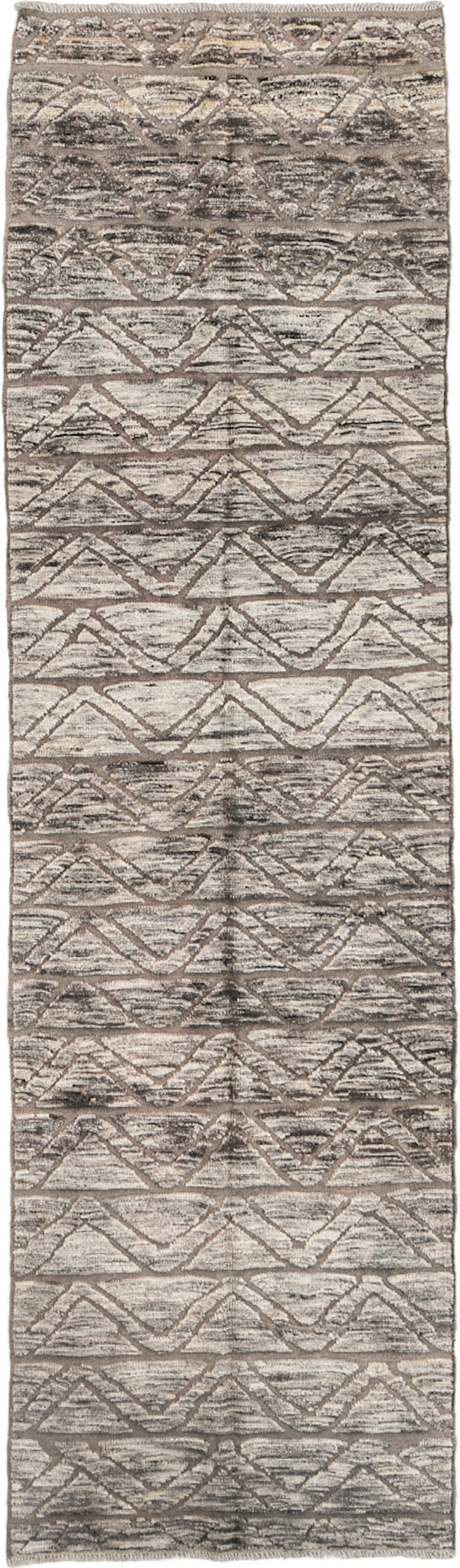 2' x 10' one-of-a-kind handmade vintage Tulu runner rug. Color palette: taupe, ivory, charcoal, gray, beige, black