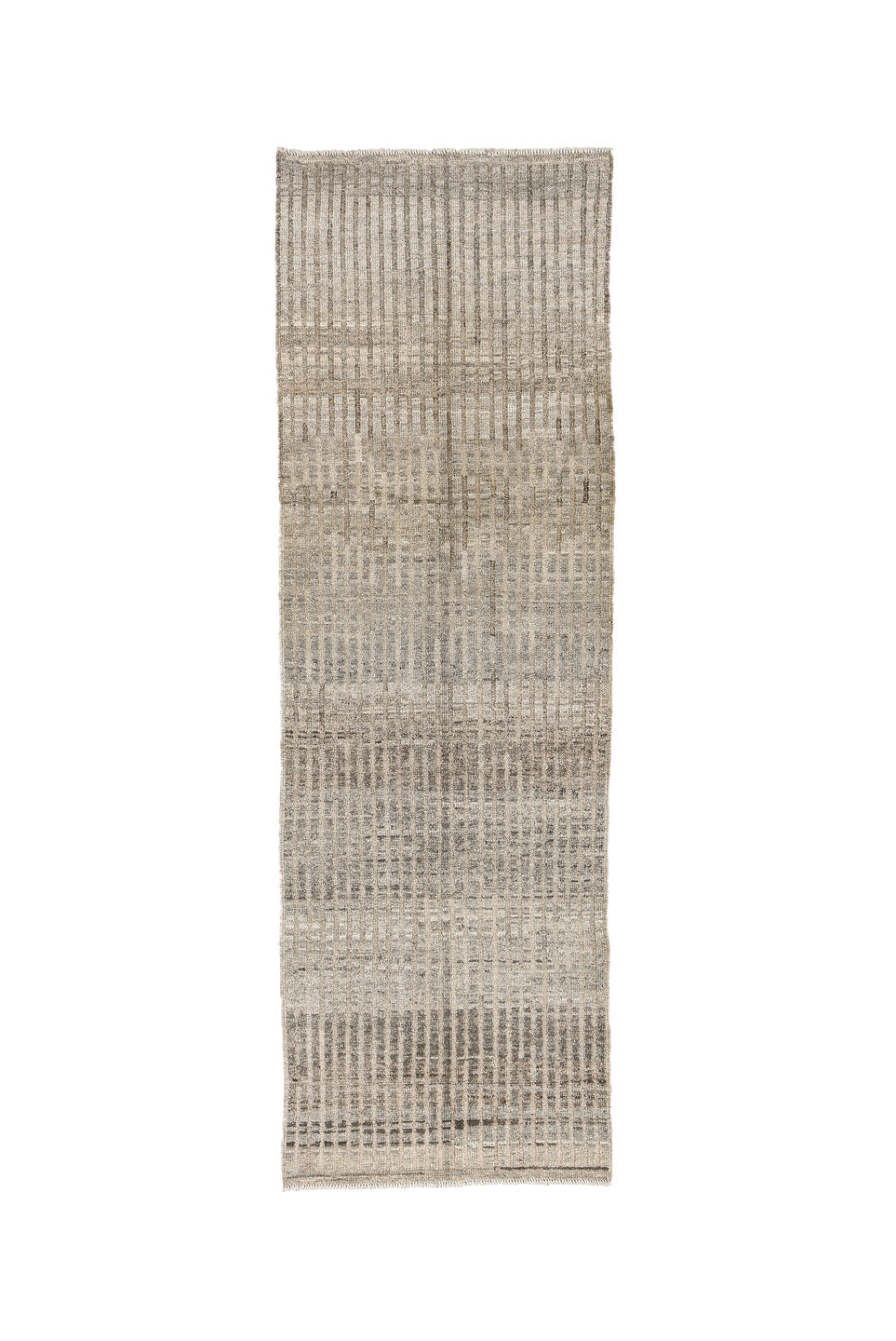 3' x 9' one-of-a-kind handmade vintage Tulu runner rug. Color palette: black, dark gray, gray, light gray, off-white, silver