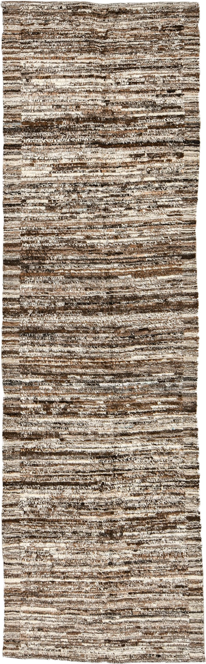 3' x 10' one-of-a-kind handmade vintage Tulu runner rug. Color palette: brown, ivory, taupe, camel, charcoal, beige, gray