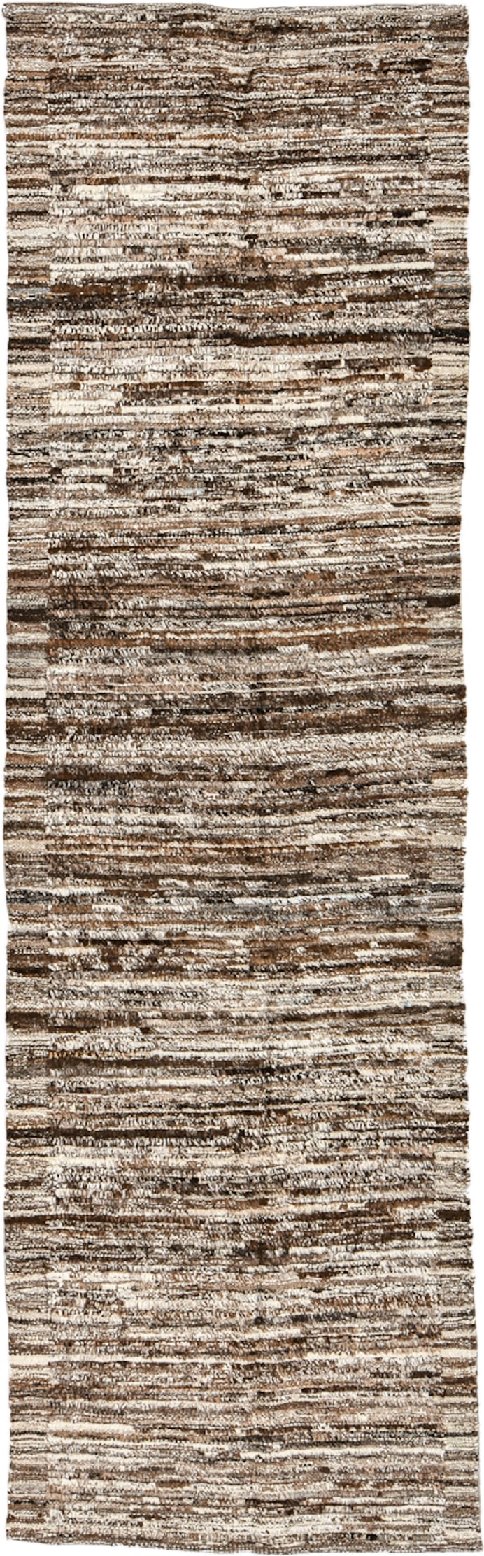 3' x 10' one-of-a-kind handmade vintage Tulu runner rug. Color palette: brown, ivory, taupe, camel, charcoal, beige, gray