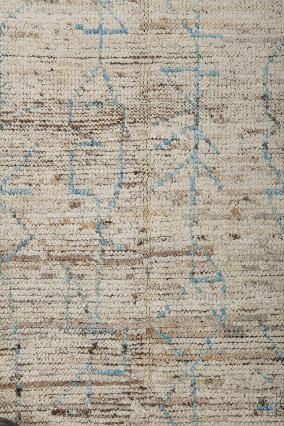3' x 8' one-of-a-kind handmade vintage Tulu runner rug. Color palette: ivory, sky blue, taupe, brown, cream, light blue