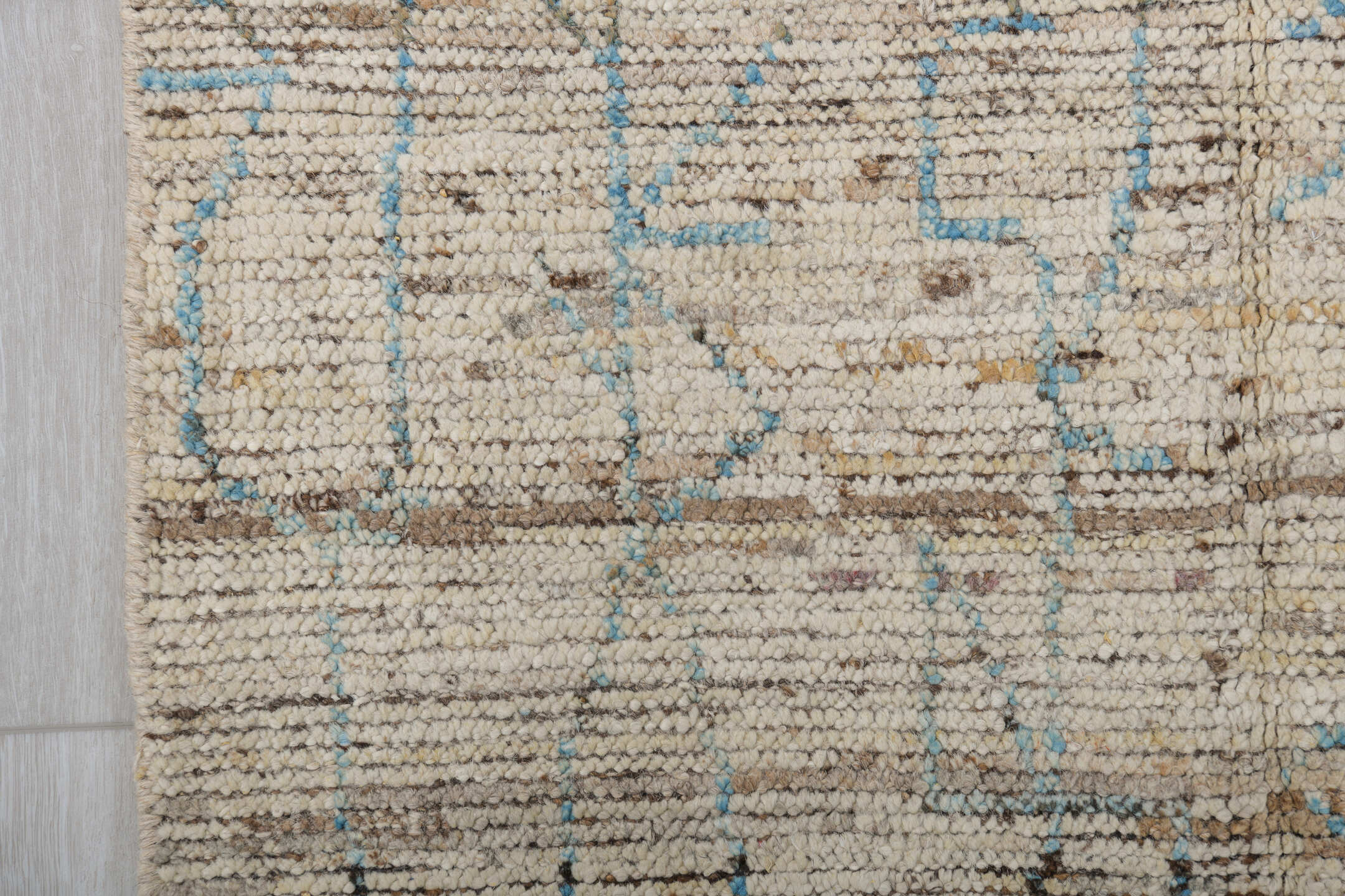 3' x 8' one-of-a-kind handmade vintage Tulu runner rug. Color palette: ivory, sky blue, taupe, brown, cream, light blue