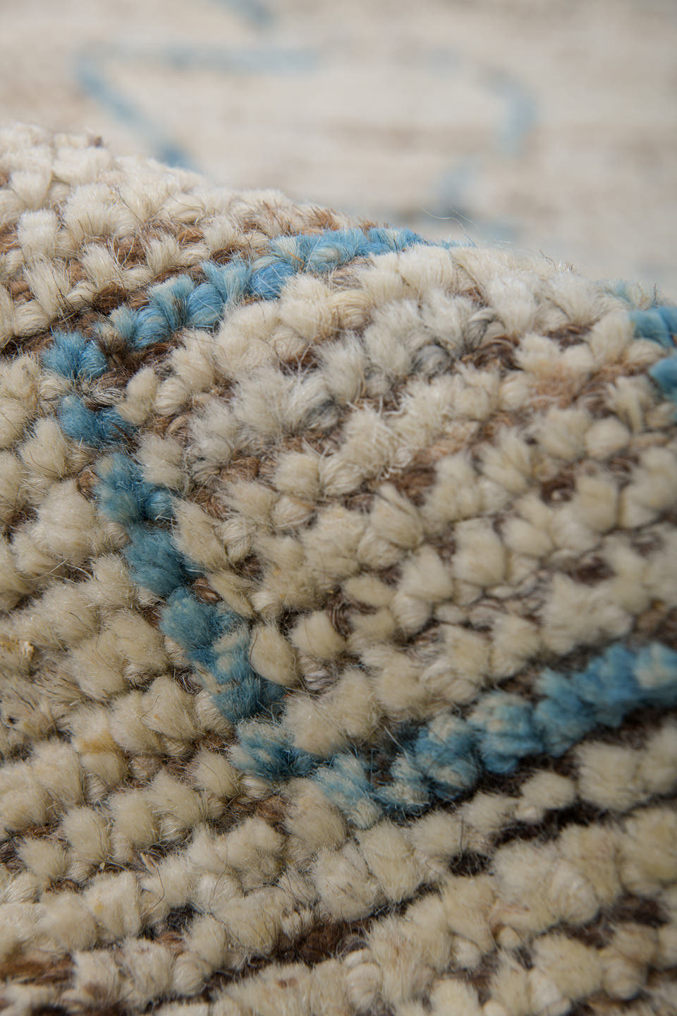 3' x 8' one-of-a-kind handmade vintage Tulu runner rug. Color palette: ivory, sky blue, taupe, brown, cream, light blue