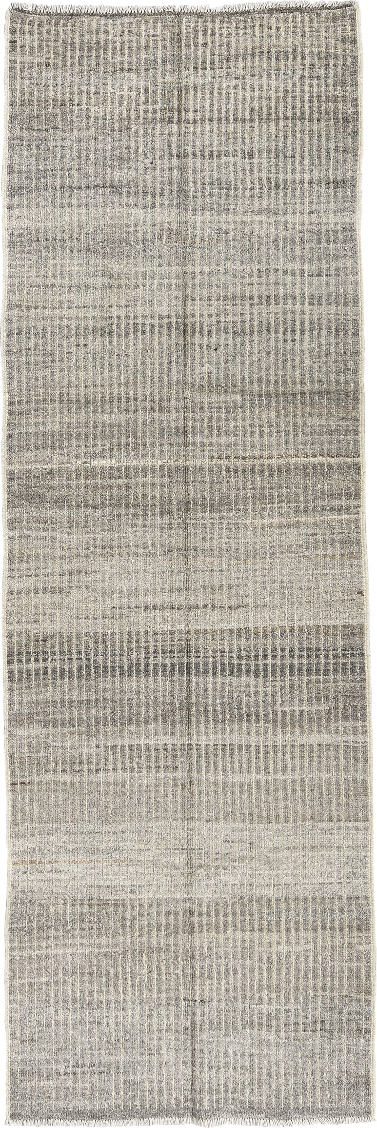 3' x 9' one-of-a-kind handmade vintage Tulu runner rug. Color palette: ivory, gray, taupe, cream, charcoal, beige, black