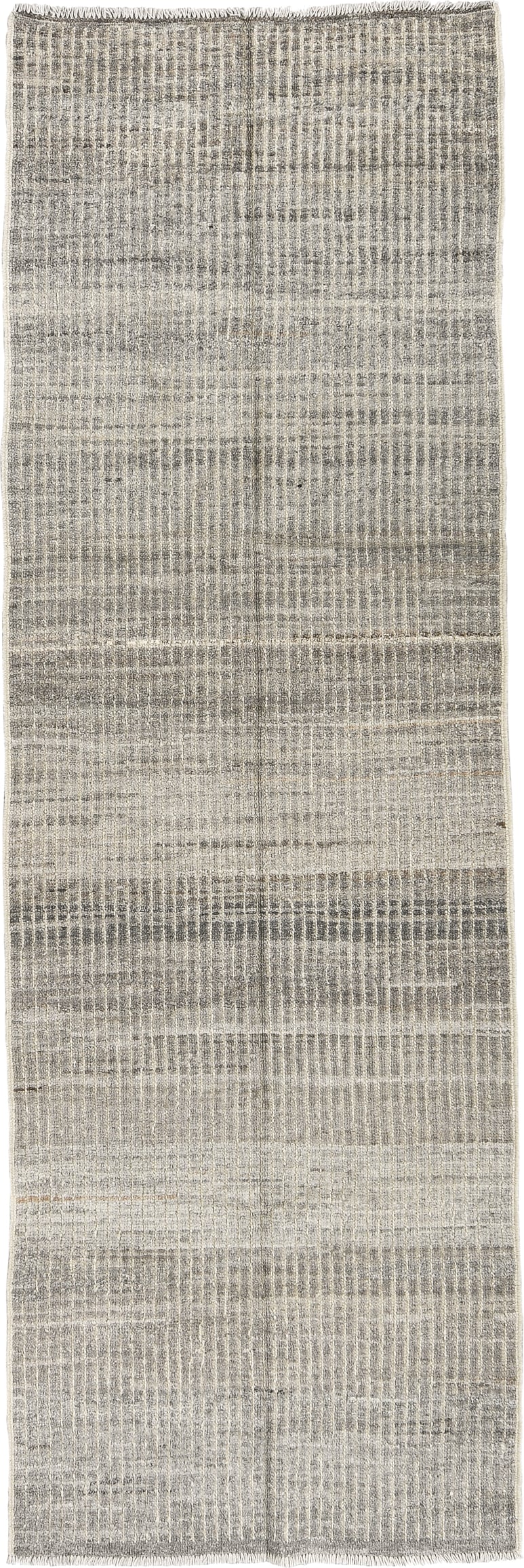 3' x 9' one-of-a-kind handmade vintage Tulu runner rug. Color palette: ivory, gray, taupe, cream, charcoal, beige, black