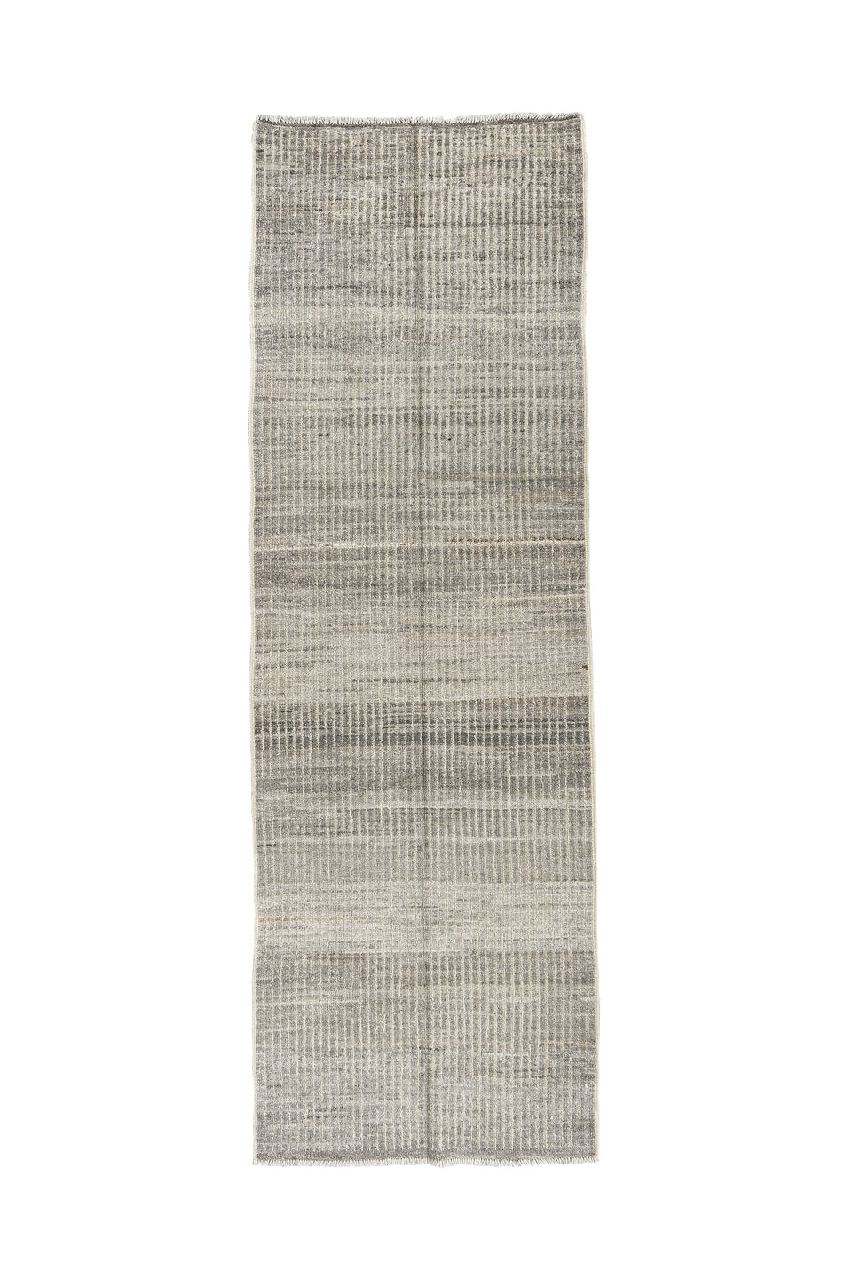 3' x 9' one-of-a-kind handmade vintage Tulu runner rug. Color palette: gray, light gray, off-white, silver