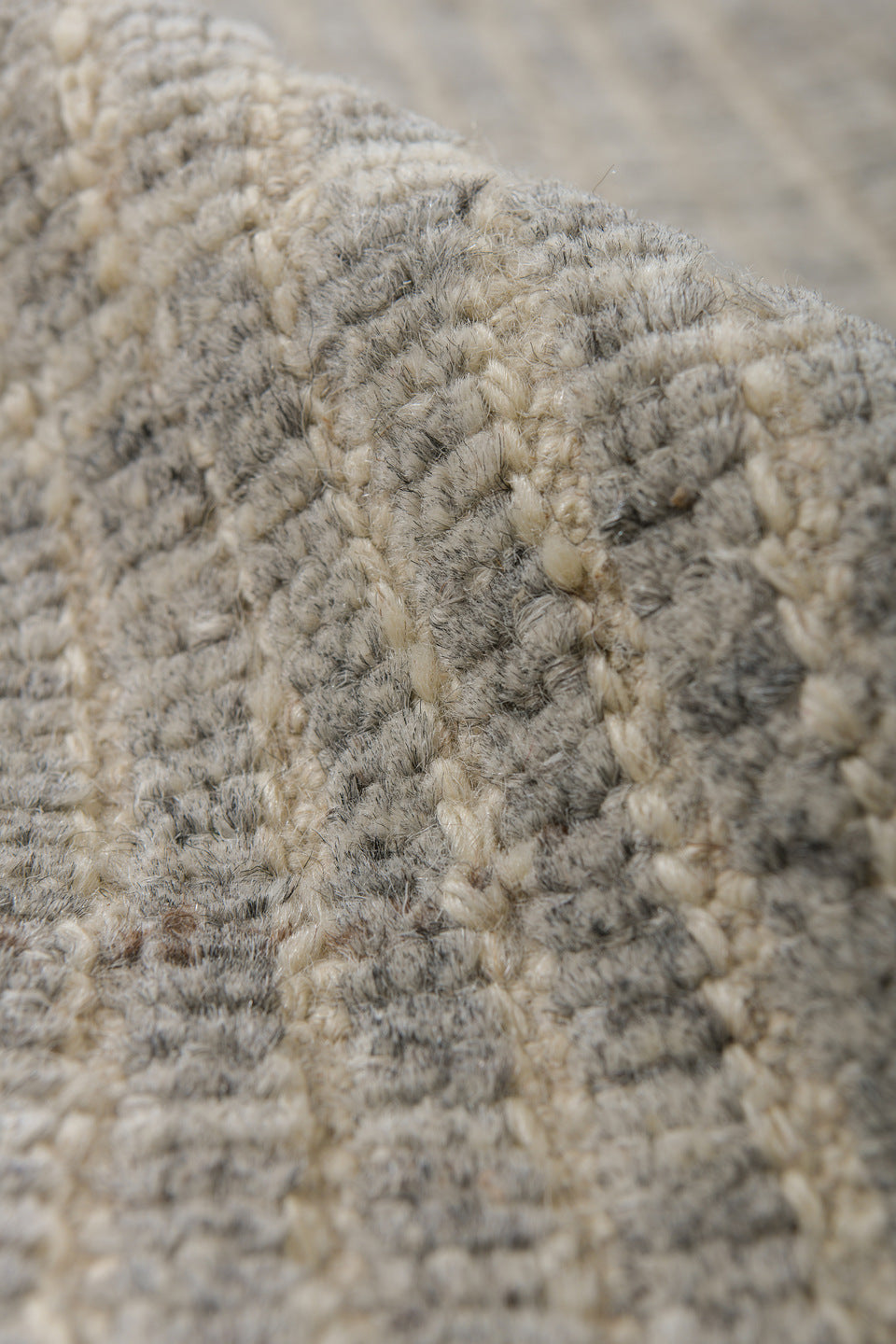 3' x 9' one-of-a-kind handmade vintage Tulu runner rug. Color palette: gray, light gray, off-white, silver