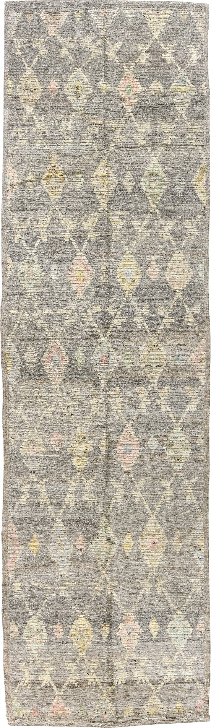 3' x 12' one-of-a-kind handmade vintage Tulu runner rug. Color palette: gray, ivory, cream, pale yellow, blush, sage, gold