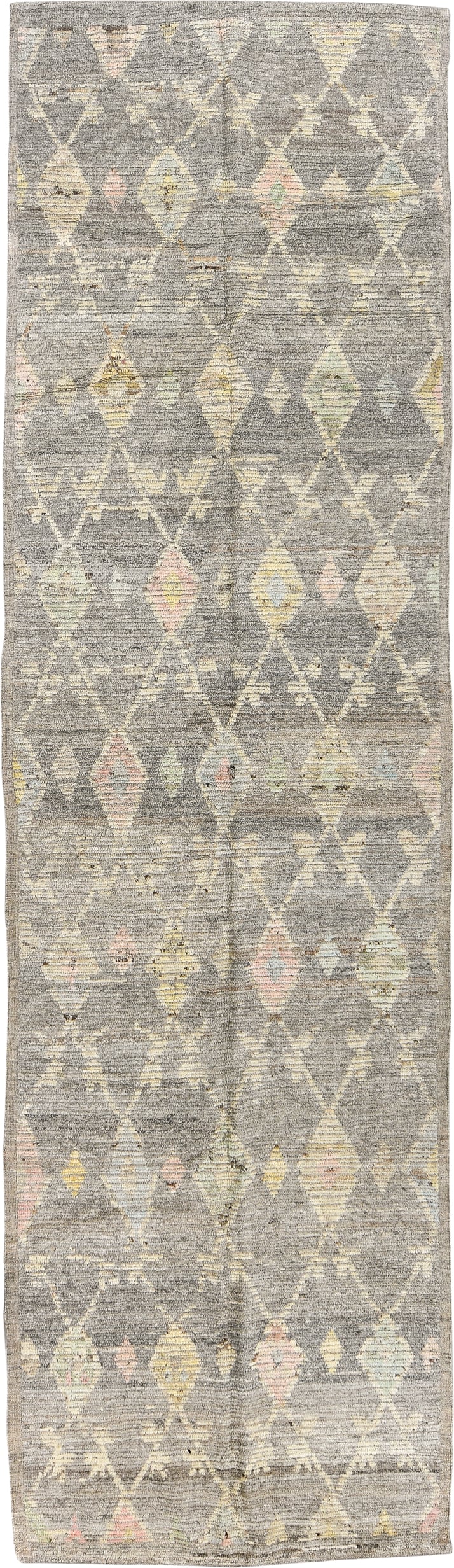 3' x 12' one-of-a-kind handmade vintage Tulu runner rug. Color palette: gray, ivory, cream, pale yellow, blush, sage, gold
