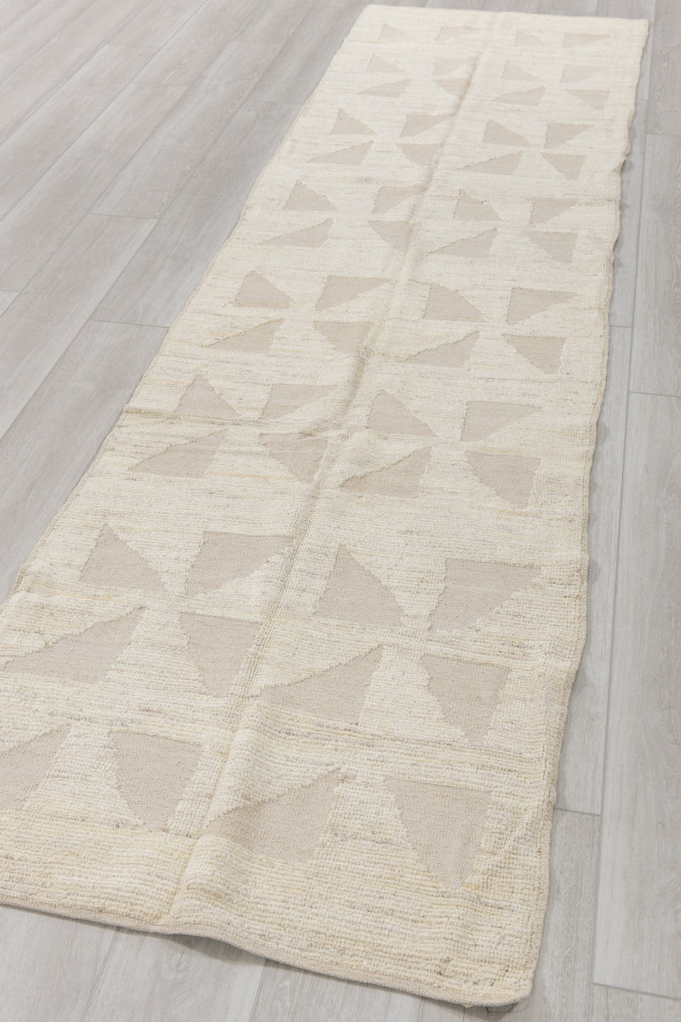 2' x 11' one-of-a-kind handmade vintage Tulu runner rug. Color palette: ivory, cream, beige