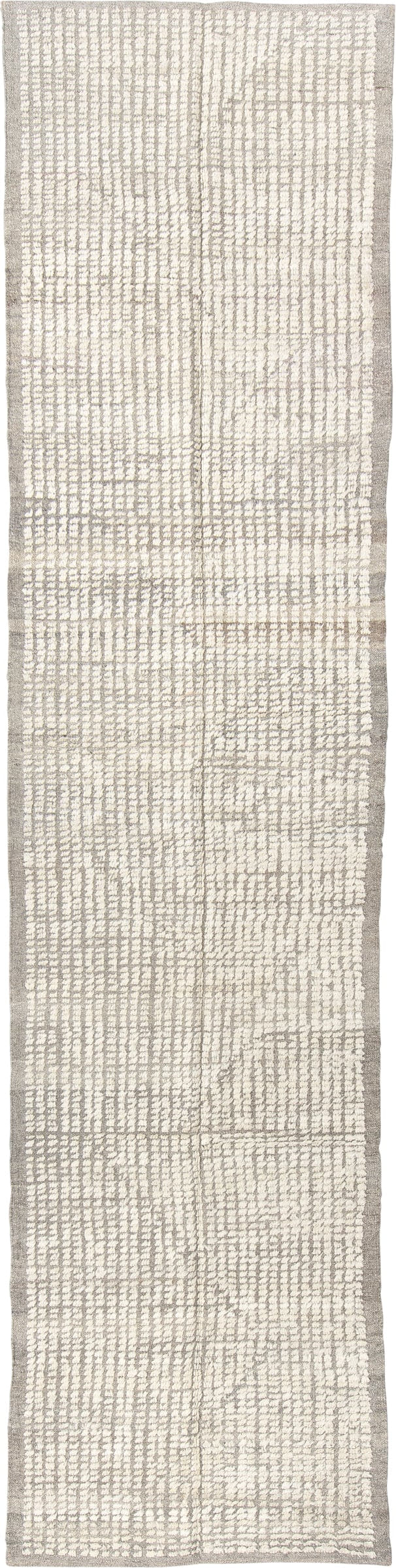 2' x 12' one-of-a-kind handmade vintage Tulu runner rug. Color palette: ivory, taupe, cream, light gray, beige, gray