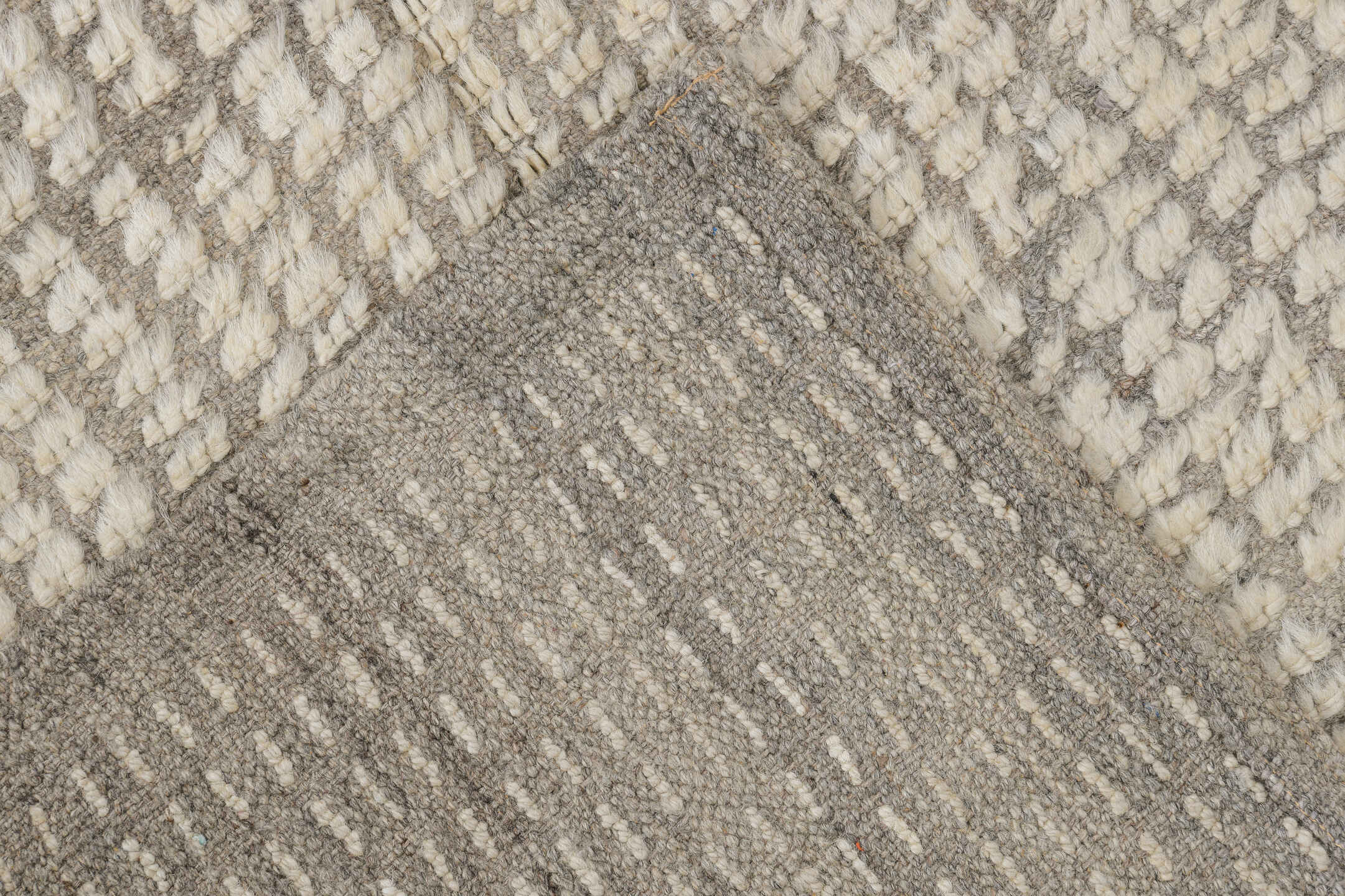 2' x 12' one-of-a-kind handmade vintage Tulu runner rug. Color palette: ivory, taupe, cream, light gray, beige, gray