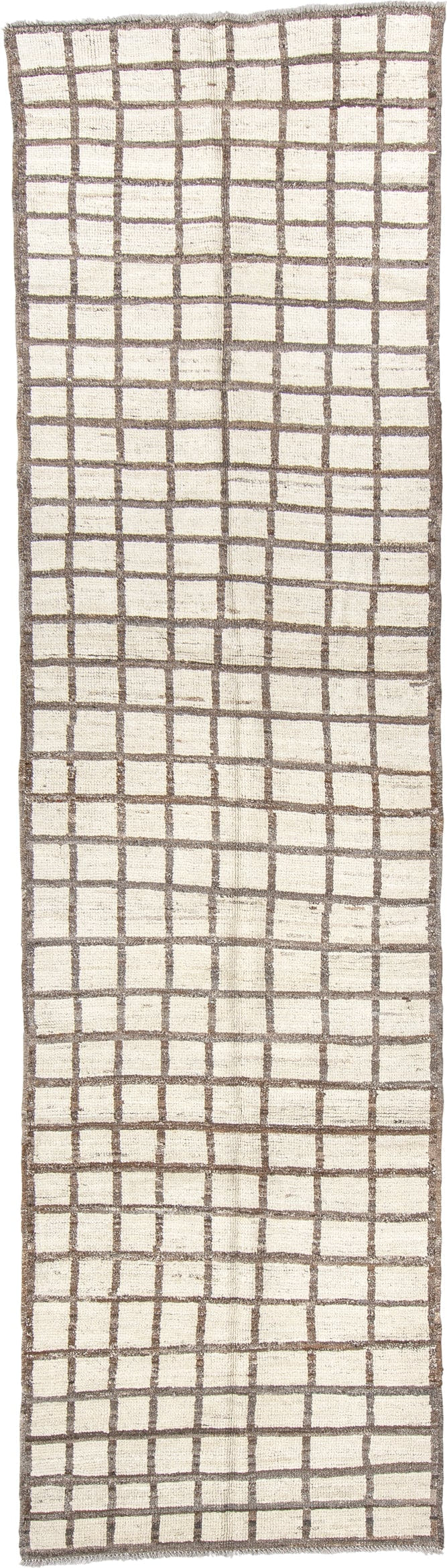 3' x 11' one-of-a-kind handmade vintage Tulu runner rug. Color palette: ivory, taupe, brown, beige, gray