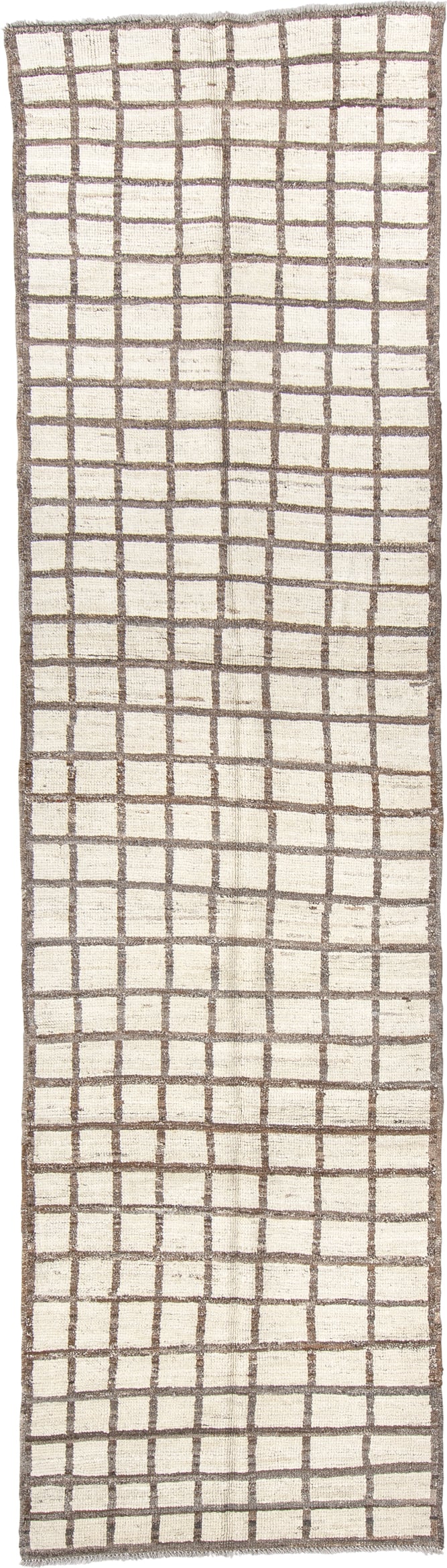 3' x 11' one-of-a-kind handmade vintage Tulu runner rug. Color palette: ivory, taupe, brown, beige, gray