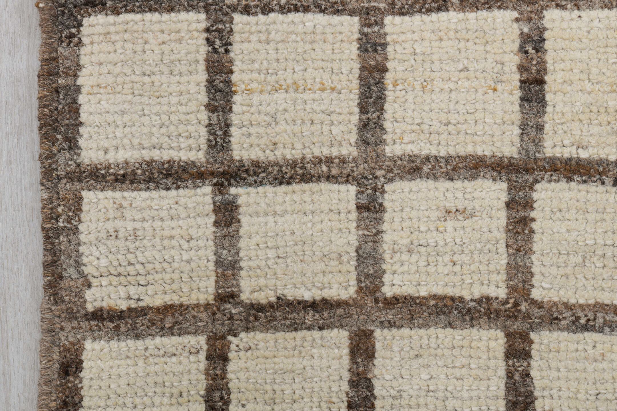 3' x 11' one-of-a-kind handmade vintage Tulu runner rug. Color palette: ivory, taupe, brown, beige, gray