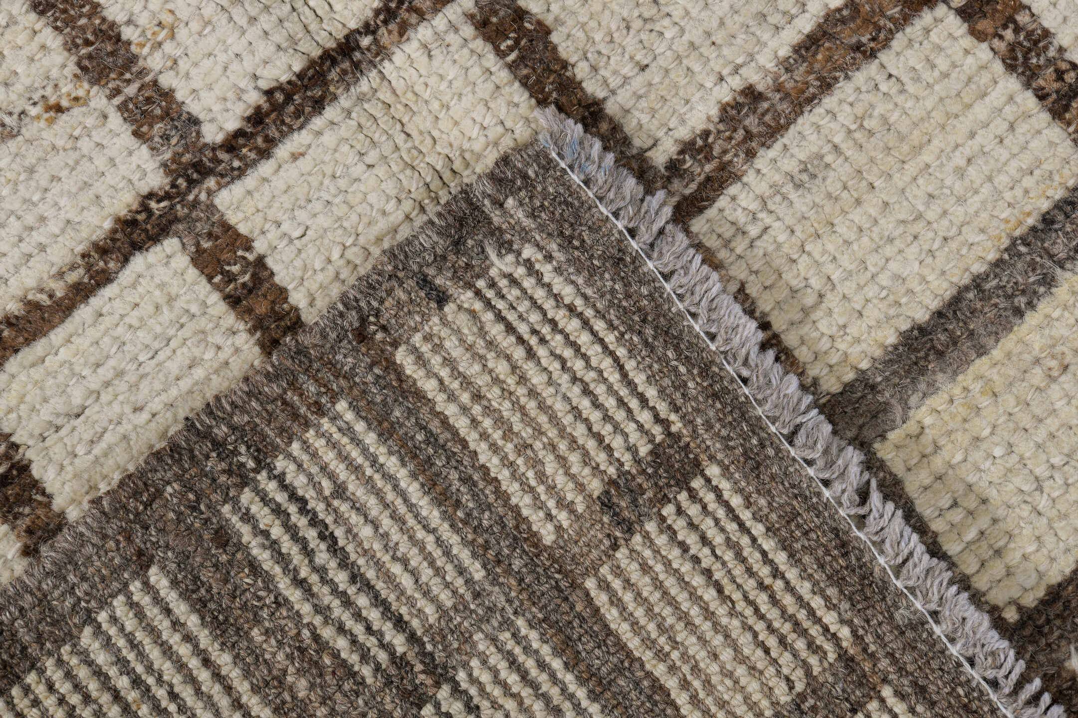 3' x 11' one-of-a-kind handmade vintage Tulu runner rug. Color palette: ivory, taupe, brown, beige, gray
