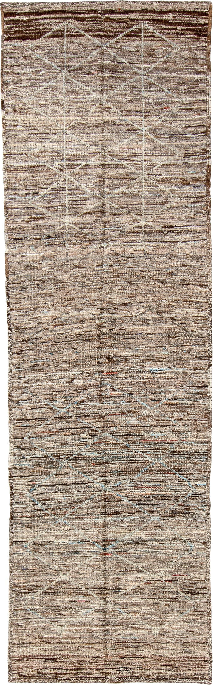 3' x 10' one-of-a-kind handmade vintage Tulu runner rug. Color palette: taupe, ivory, brown, camel, pale blue, beige, gray