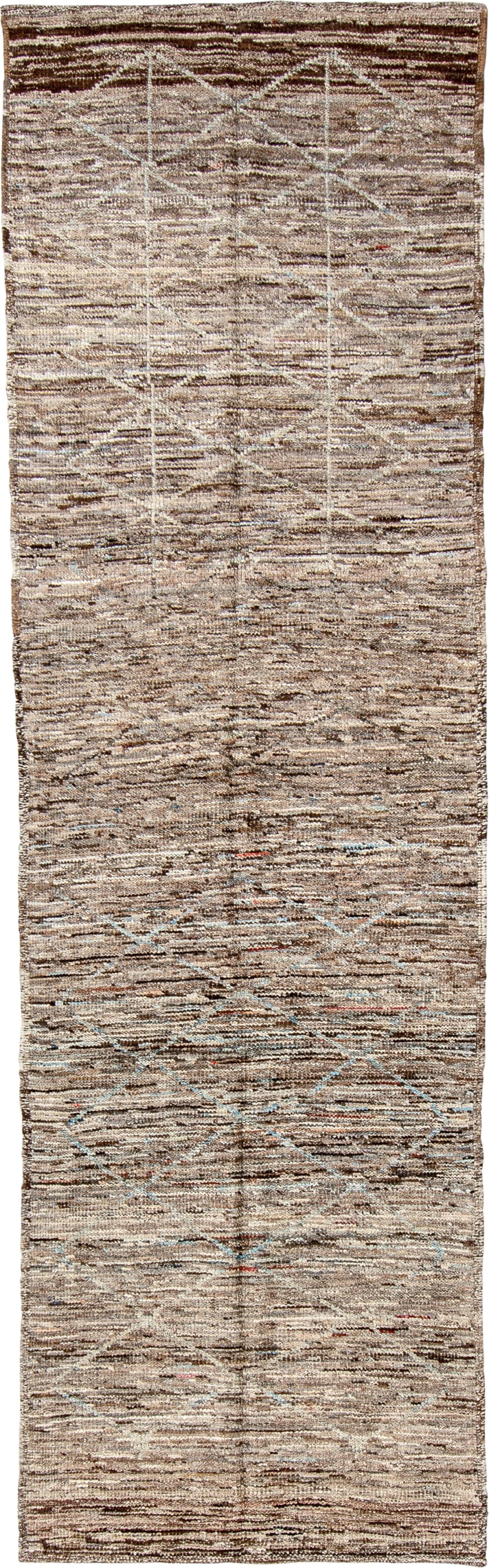 3' x 10' one-of-a-kind handmade vintage Tulu runner rug. Color palette: taupe, ivory, brown, camel, pale blue, beige, gray
