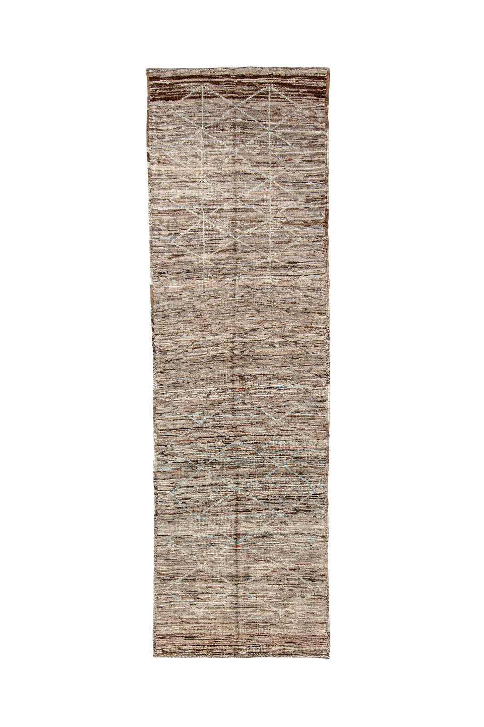 3' x 10' one-of-a-kind handmade vintage Tulu runner rug. Color palette: blue, brown, dim gray, gray, light gray, off-white