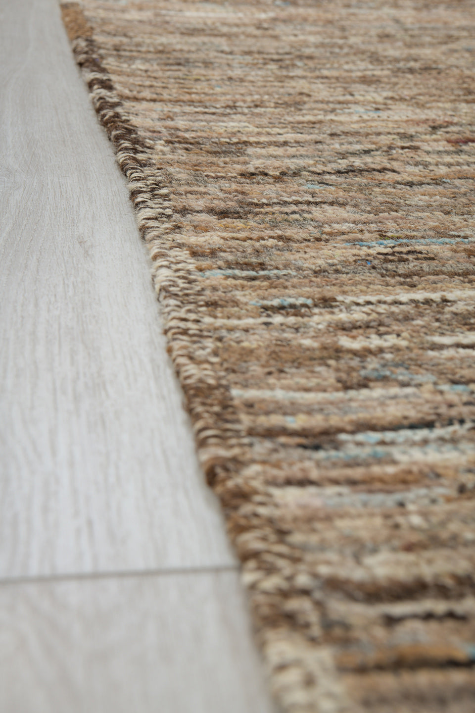 3' x 10' one-of-a-kind handmade vintage Tulu runner rug. Color palette: blue, brown, dim gray, gray, light gray, off-white