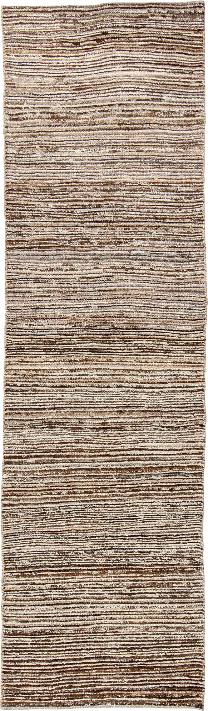 2' x 9' one-of-a-kind handmade vintage Tulu runner rug. Color palette: ivory, brown, taupe, camel, charcoal, beige, gray
