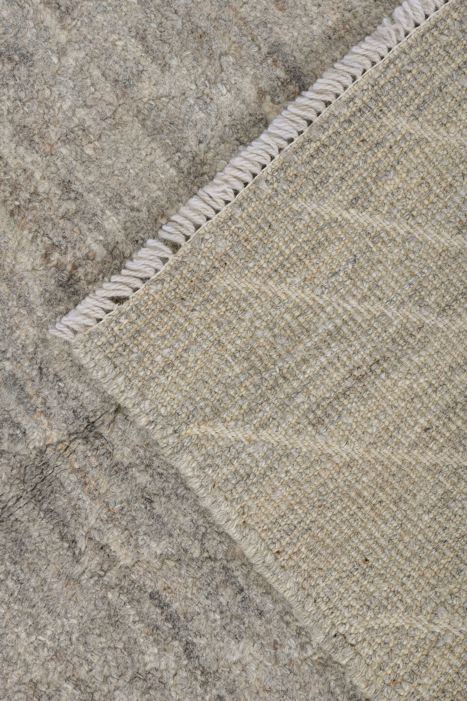 2' x 9' one-of-a-kind handmade vintage Tulu runner rug. Color palette: ivory, taupe, cream, beige, gray