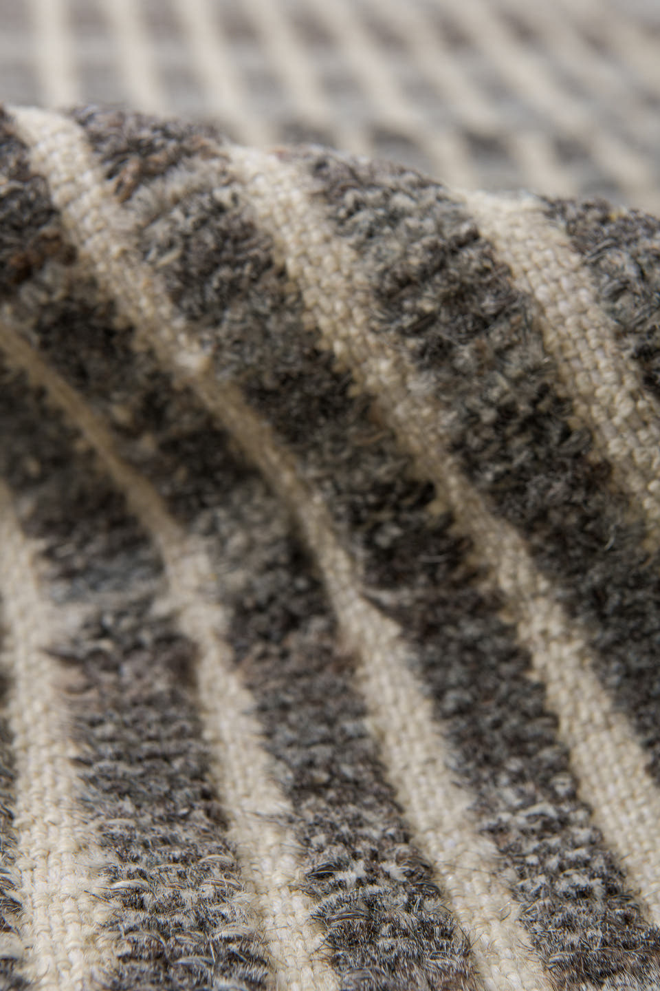 3' x 9' one-of-a-kind handmade vintage Tulu runner rug. Color palette: ivory, charcoal, gray, taupe, black, beige