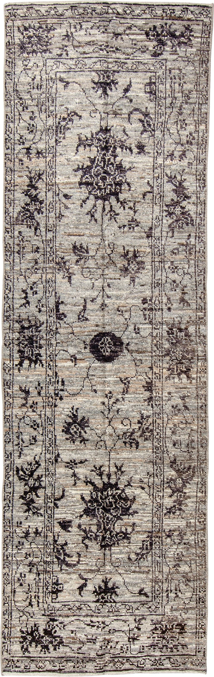 3' x 9' one-of-a-kind handmade vintage Tulu runner rug. Color palette: ivory, charcoal, taupe, gray, brown, black, beige