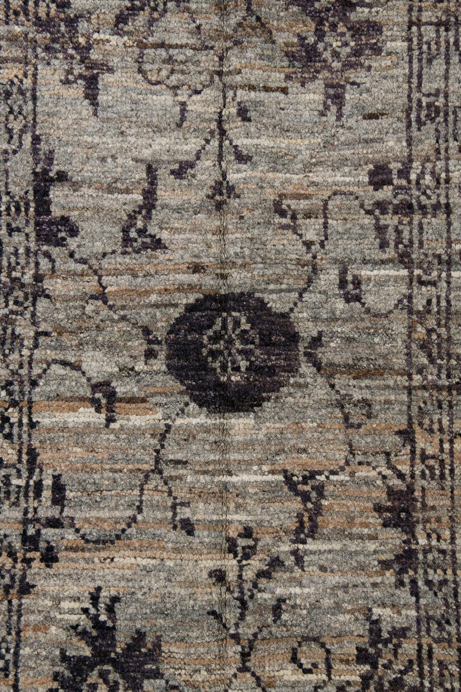 3' x 9' one-of-a-kind handmade vintage Tulu runner rug. Color palette: ivory, charcoal, taupe, gray, brown, black, beige