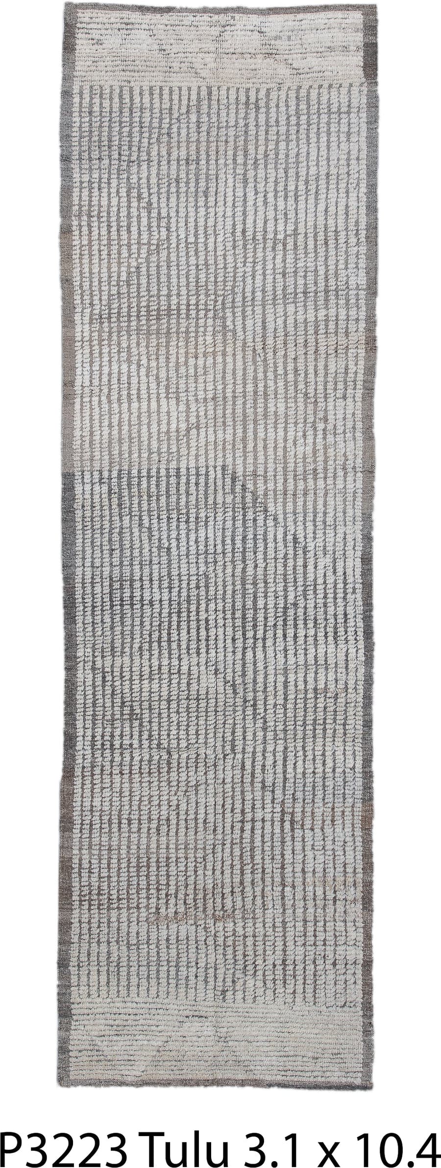 3' x 10' one-of-a-kind handmade vintage Tulu runner rug. Color palette: ivory, charcoal, taupe, gray, black, beige