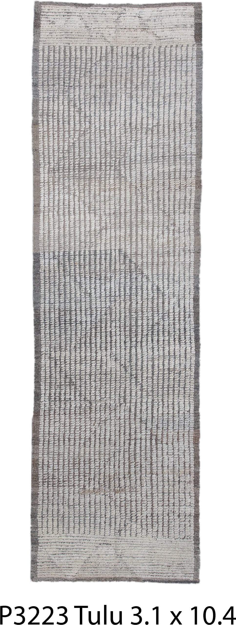 3' x 10' one-of-a-kind handmade vintage Tulu runner rug. Color palette: ivory, charcoal, taupe, gray, black, beige